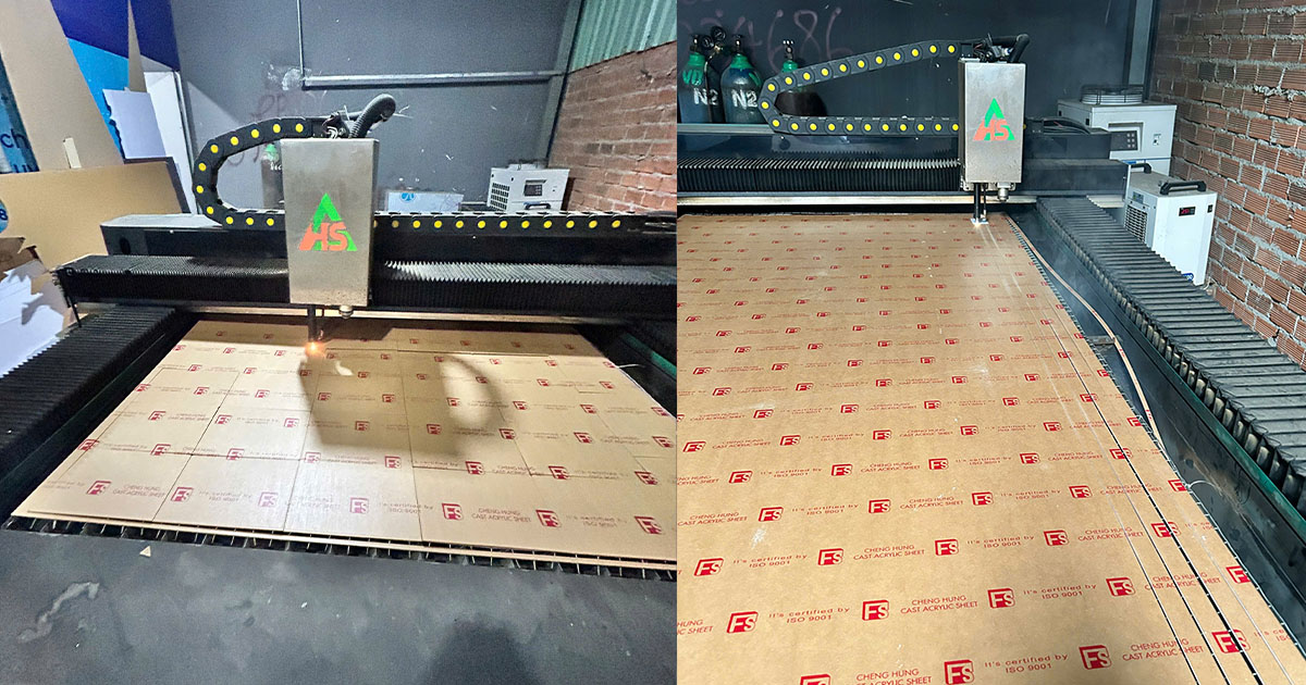 Máy cắt laser gia công vật liệu quảng cáo tại xưởng Nguyên Khang